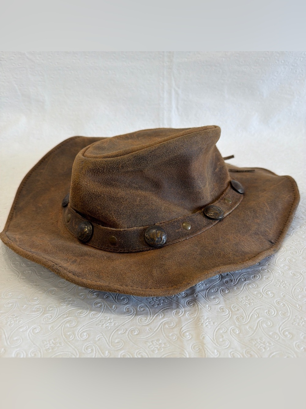 Bullhide Genuine Leather Cowboy Mens XL Hat Thick Buffalo Nickel Band SHRUNK UP